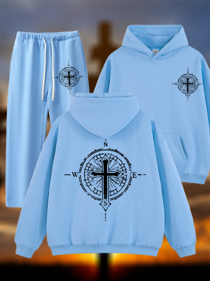 Cross Compass Jesus God Christian Plush Fleece-Lined Hoodie Set