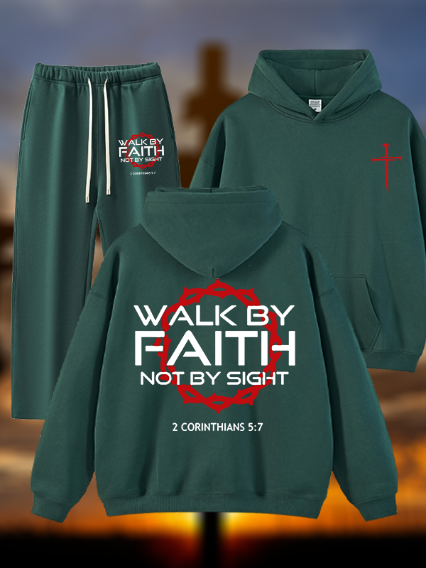 Walk By Faith Not By Sight 2 Corinthians 5:7 Cross  Jesus God Christian Plush Fleece-Lined Hoodie Set