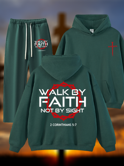 Walk By Faith Not By Sight 2 Corinthians 5:7 Cross  Jesus God Christian Plush Fleece-Lined Hoodie Set