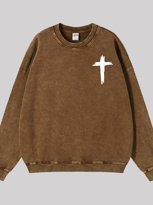 Cross Printed Jesus God Christian Washed Sweatshirt