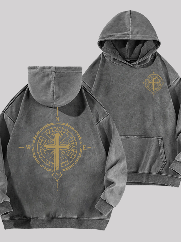 Cross Compass  Jesus God Christian Washed Hoodie