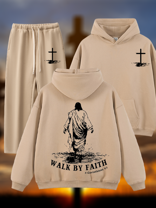 Walk by Faith Jesus God Christian Plush Fleece-Lined Hoodie Set