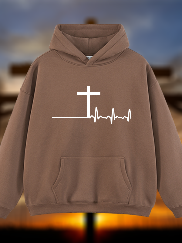 ECG Cross Jesus God Christian Plush Fleece-Lined Hoodie