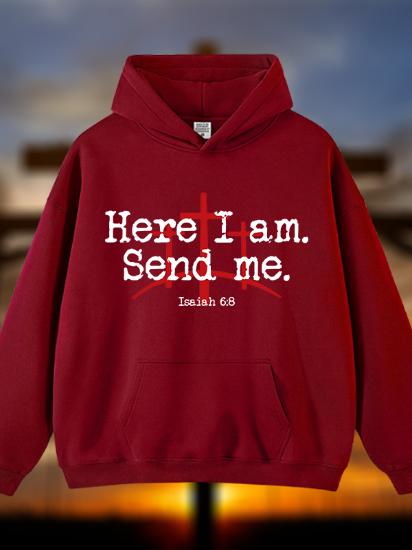 Here I Am Send Me - Bible Verse Isaiah 6:8  Jesus God Christian Plush Fleece-Lined Hoodie