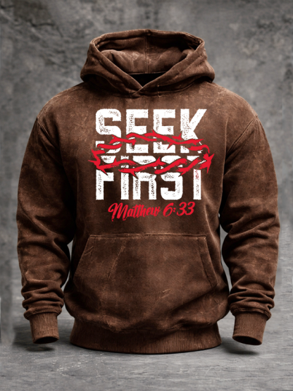 Seek First Jesus God Christian Washed Hoodie
