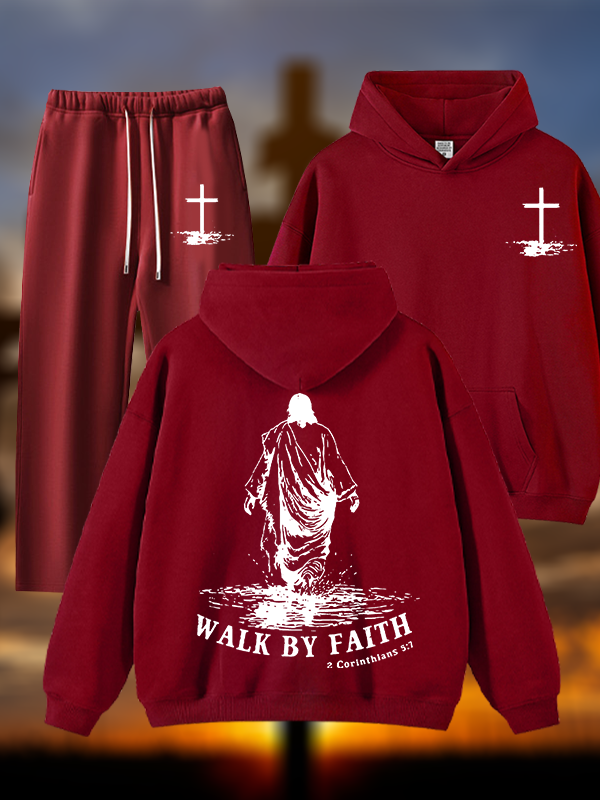 Walk by Faith Jesus God Christian Plush Fleece-Lined Hoodie Set
