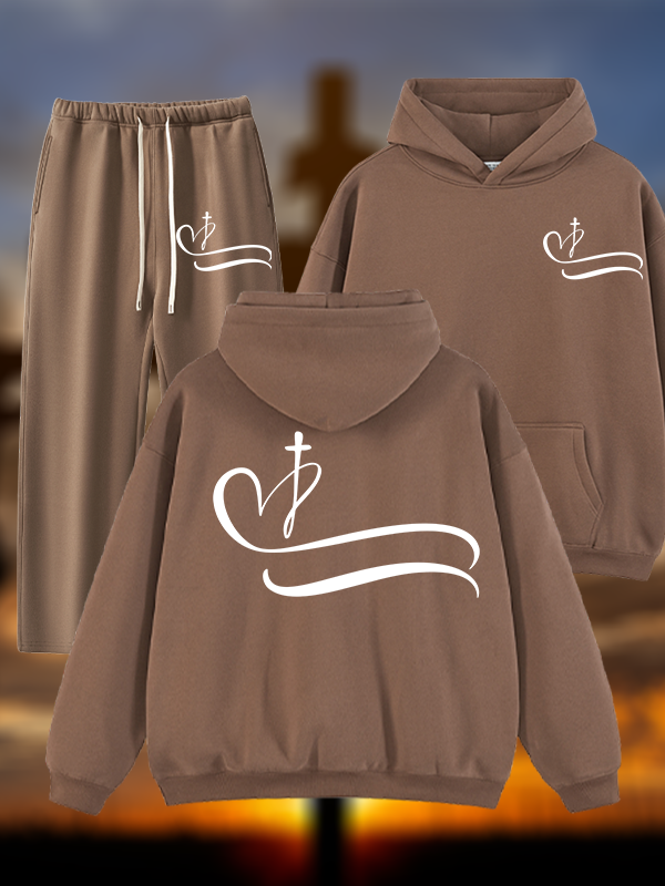 Heart Cross Jesus God Christian Plush Fleece-Lined Hoodie Set