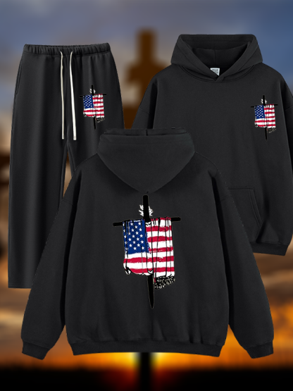 Faith Flag Cross Print Jesus God Christian Plush Fleece-Lined Hoodie Set