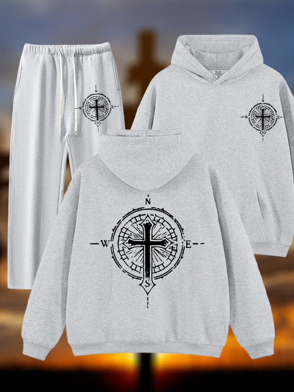 Cross Compass Jesus God Christian Plush Fleece-Lined Hoodie Set
