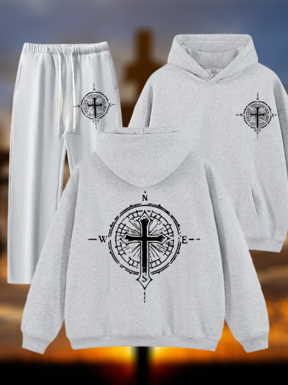 Cross Compass Jesus God Christian Plush Fleece-Lined Hoodie Set