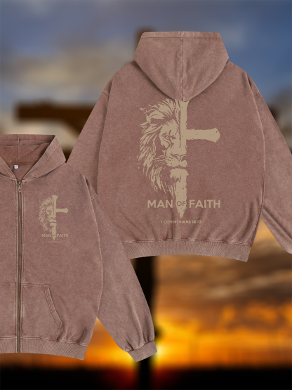 Man of Faith Jesus God Christian Washed Zip-Up Hoodie