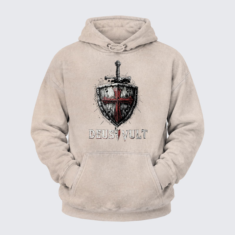 Washed Hoodie - Deus Vult Crusader Shield Templar Cross