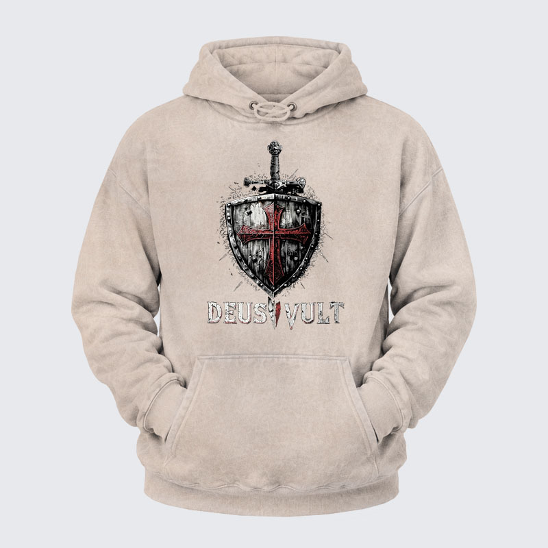 Washed Hoodie - Deus Vult Crusader Shield Templar Cross