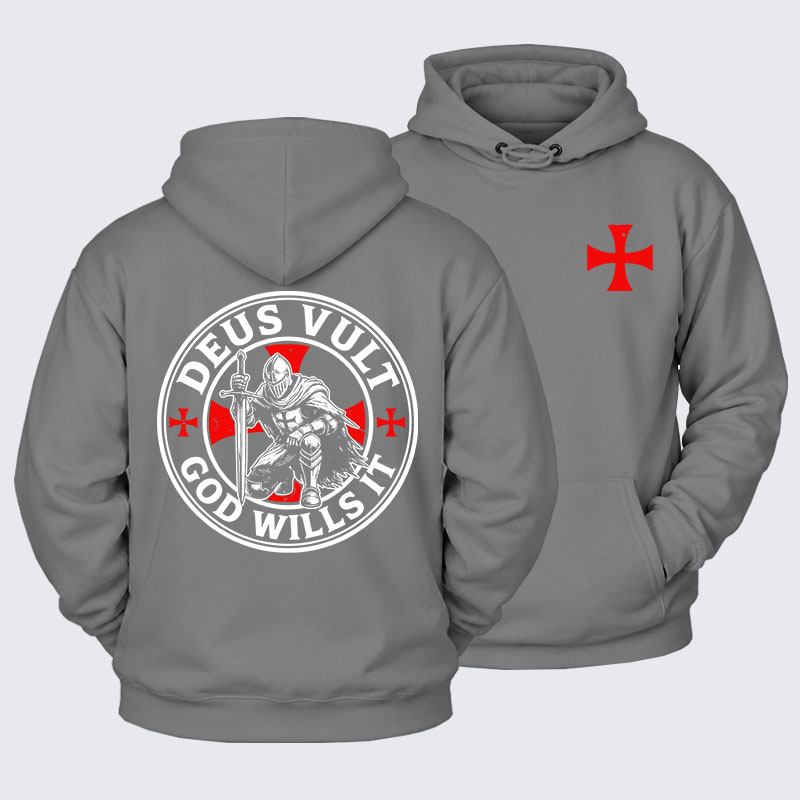Plush Fleece-Lined Hoodie - Deus Vult Crusader Shield Templar Cross