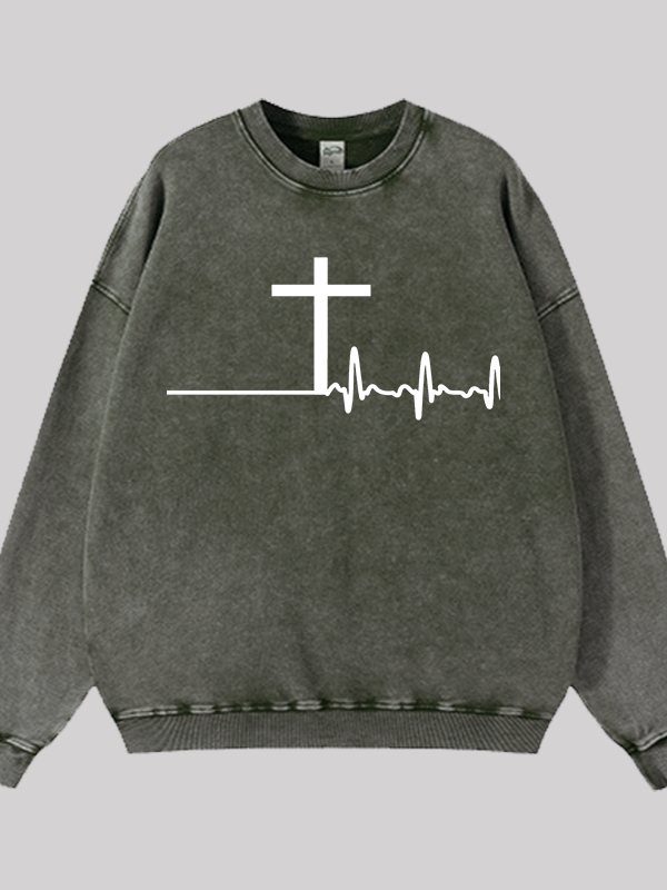 ECG Cross Jesus God Christian Washed Sweatshirt