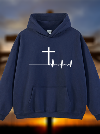 ECG Cross Jesus God Christian Plush Fleece-Lined Hoodie