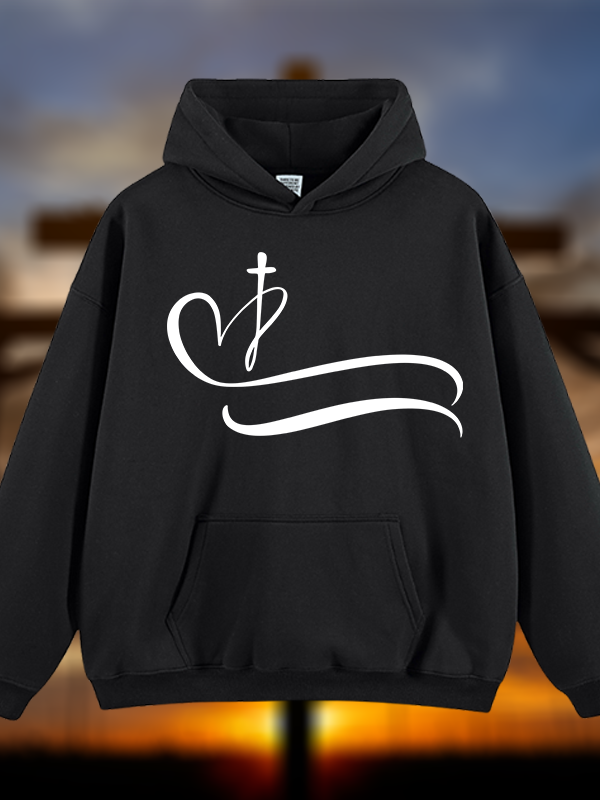 Heart Cross  Jesus God Christian Plush Fleece-Lined Hoodie