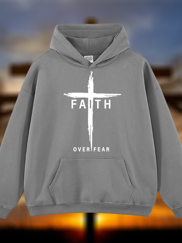 Faith Over Fear Cross Jesus God Christian Plush Fleece-Lined Hoodie