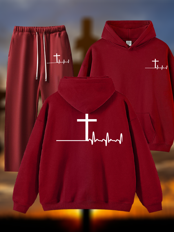 ECG Cross Jesus God Christian Plush Fleece-Lined Hoodie Set