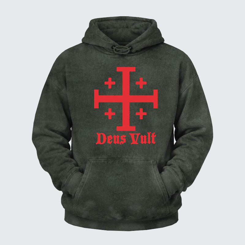 Washed Hoodie - Jerusalem Cross Deus Vult