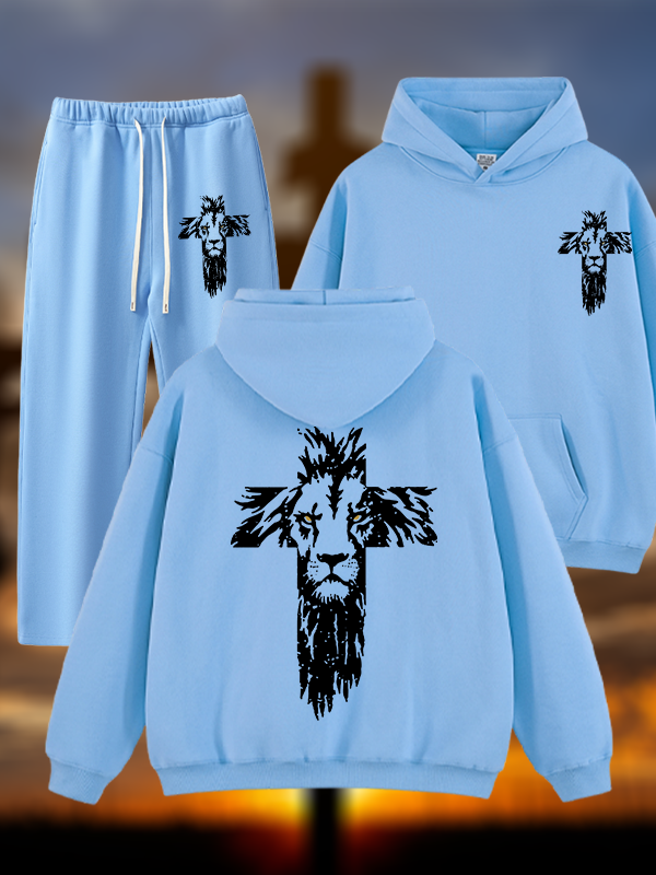 Lion Cross Jesus God Christian Plush Fleece-Lined Hoodie Set