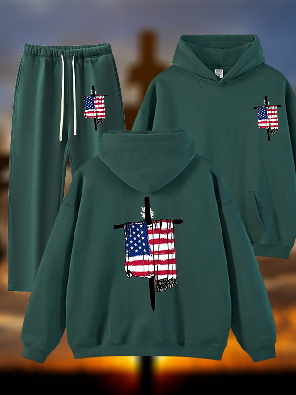 Faith Flag Cross Print Jesus God Christian Plush Fleece-Lined Hoodie Set