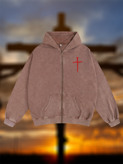 Red Cross  Jesus God Christian Washed Zip-Up Hoodie