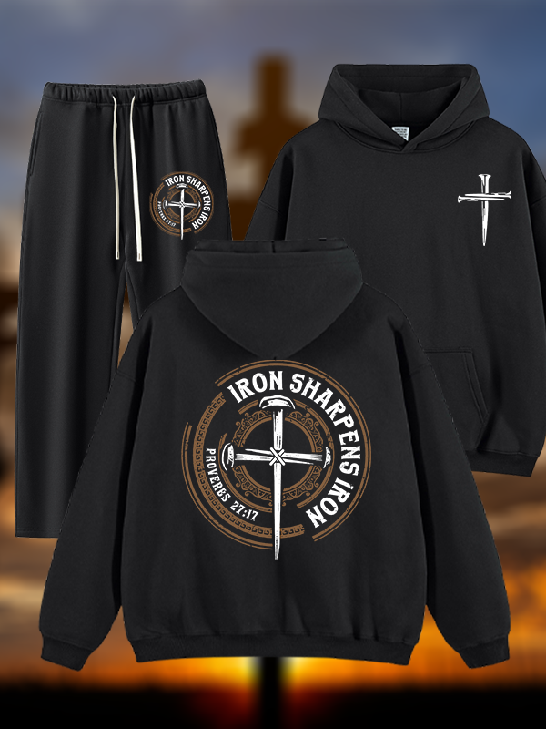 Iron Sharpens Iron - Proverbs 27:17  Jesus God Christian Plush Fleece-Lined Hoodie Set