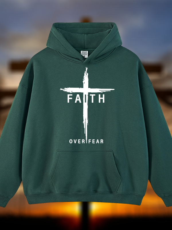 Faith Over Fear Cross Jesus God Christian Plush Fleece-Lined Hoodie