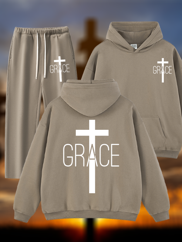 Grace Cross Jesus God Christian Plush Fleece-Lined Hoodie Set