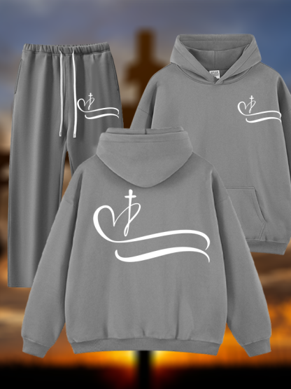 Heart Cross Jesus God Christian Plush Fleece-Lined Hoodie Set