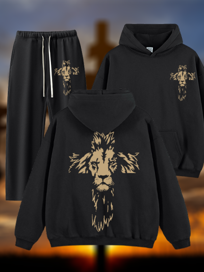 Lion Cross Jesus God Christian Plush Fleece-Lined Hoodie Set