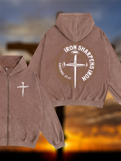Iron Sharpens Iron - Proverbs 27:17 Jesus God Christian Washed Zip-Up Hoodie