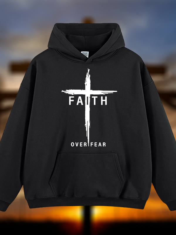 Faith Over Fear Cross Jesus God Christian Plush Fleece-Lined Hoodie