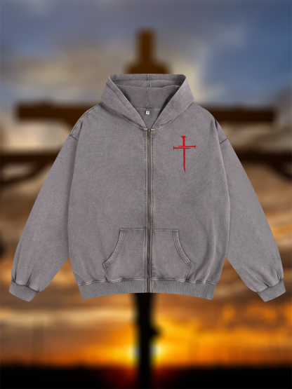 Red Cross  Jesus God Christian Washed Zip-Up Hoodie