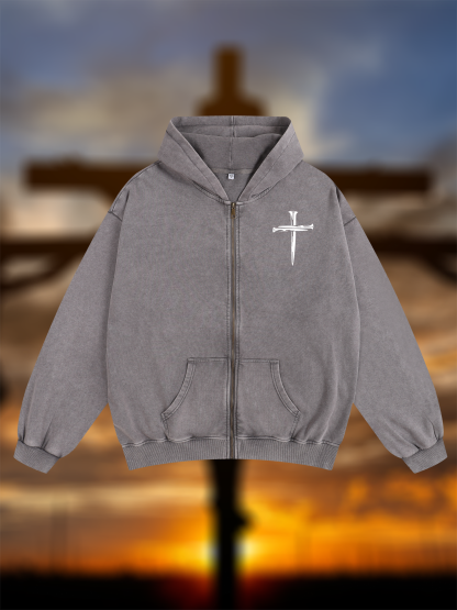 Cross Jesus God Christian Washed Zip-Up Hoodie