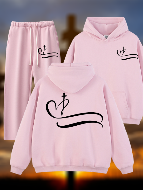 Heart Cross Jesus God Christian Plush Fleece-Lined Hoodie Set