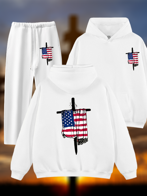Faith Flag Cross Print Jesus God Christian Plush Fleece-Lined Hoodie Set