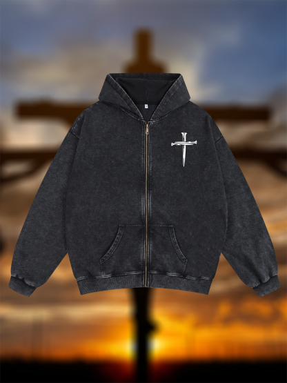 Cross Jesus God Christian Washed Zip-Up Hoodie