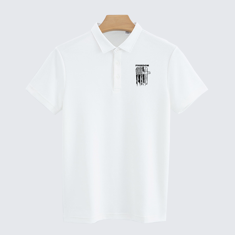 Freedom Cross Vertical Flag Christian Cotton Short Sleeve Polo Shirt