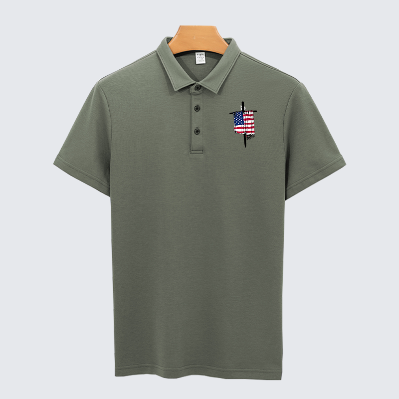Faith Flag Cross Christian Cotton Short Sleeve Polo Shirt
