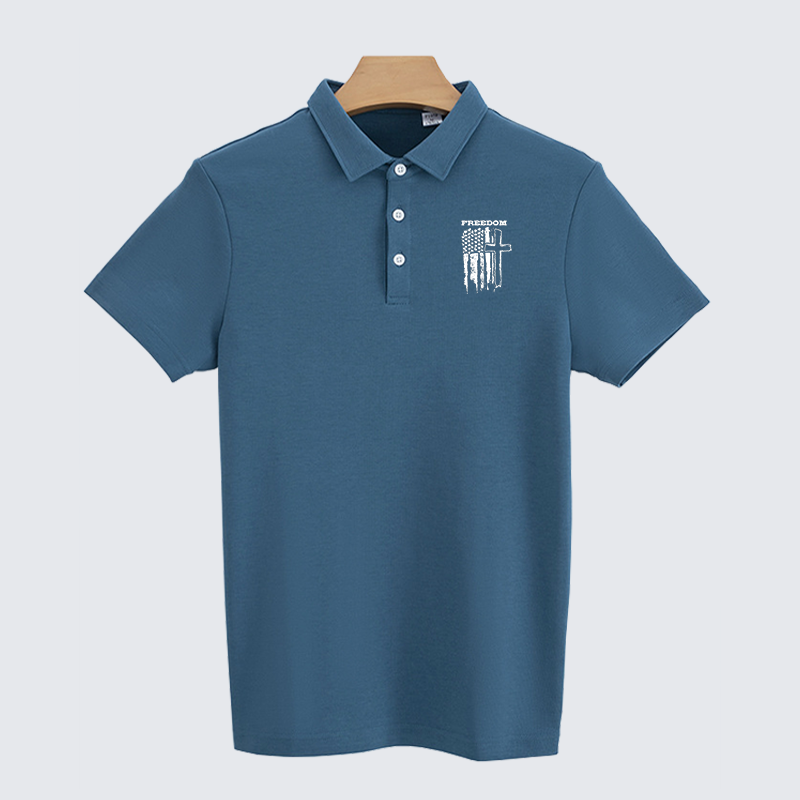 Freedom Cross Vertical Flag Christian Cotton Short Sleeve Polo Shirt