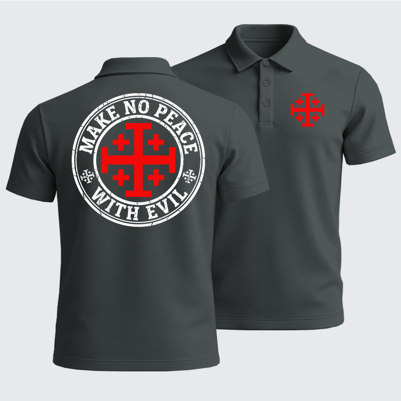 Men’s Premium Cotton Polo Shirt -  Make No Peace with Evil Knight Templar Jerusalem Cross