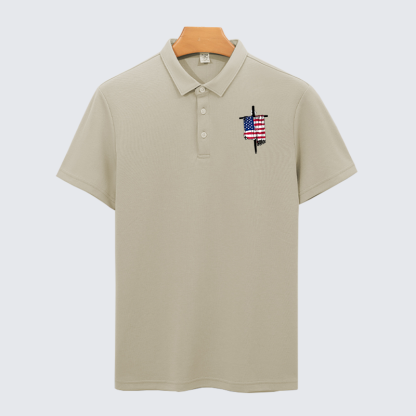 Faith Flag Cross Christian Cotton Short Sleeve Polo Shirt