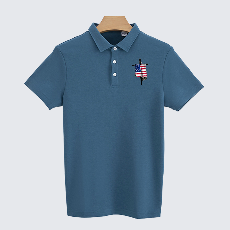 Faith Flag Cross Christian Cotton Short Sleeve Polo Shirt