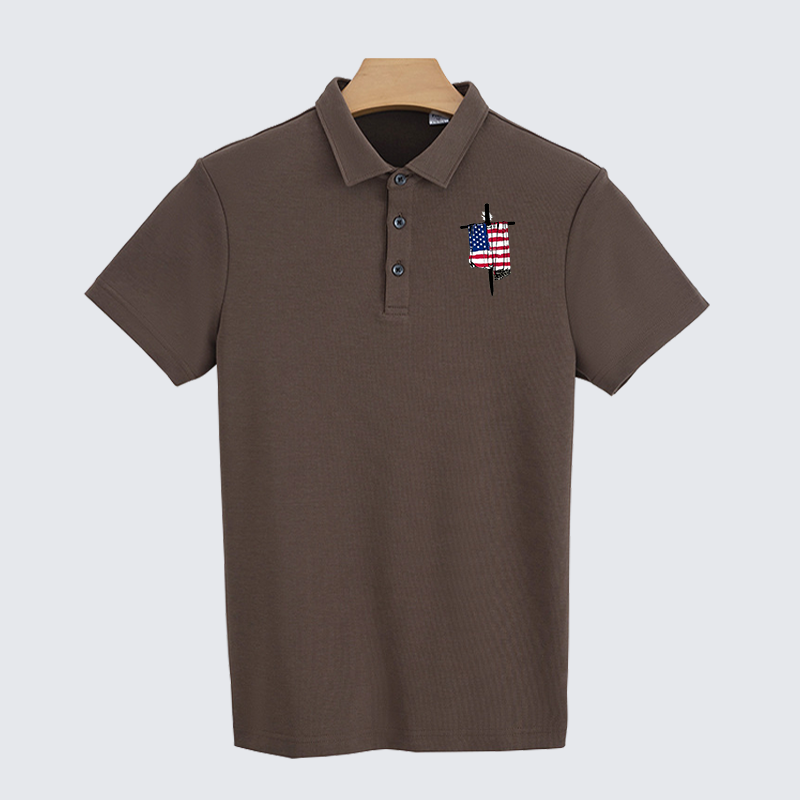 Faith Flag Cross Christian Cotton Short Sleeve Polo Shirt