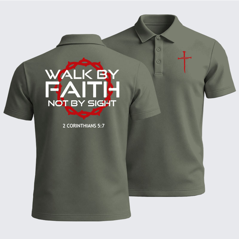 Men’s Premium Cotton Polo Shirt - Walk By Faith Not By Sight 2 Corinthians 5:7 Cross