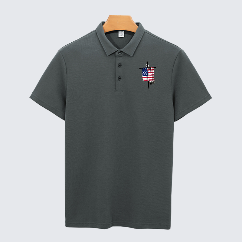 Faith Flag Cross Christian Cotton Short Sleeve Polo Shirt