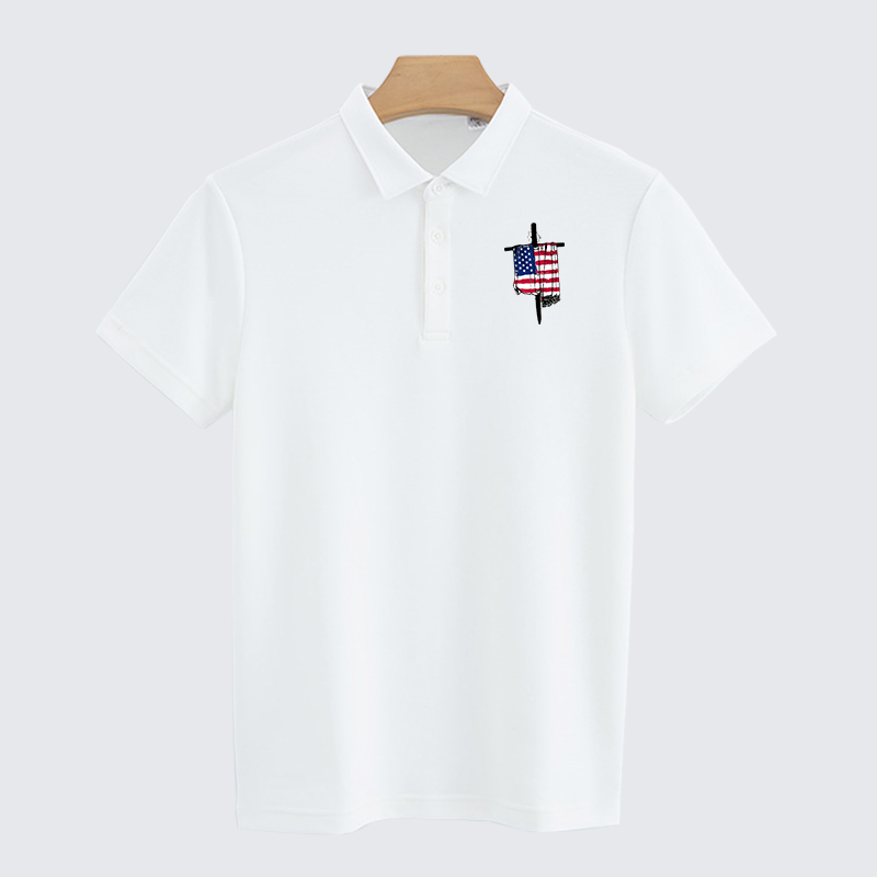 Faith Flag Cross Christian Cotton Short Sleeve Polo Shirt