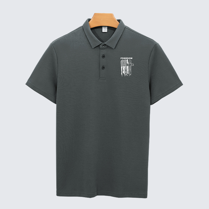 Freedom Cross Vertical Flag Christian Cotton Short Sleeve Polo Shirt
